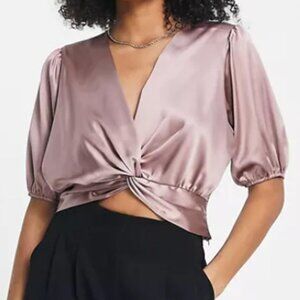 NWT Miss Selfridge satin short sleeve twist front top
